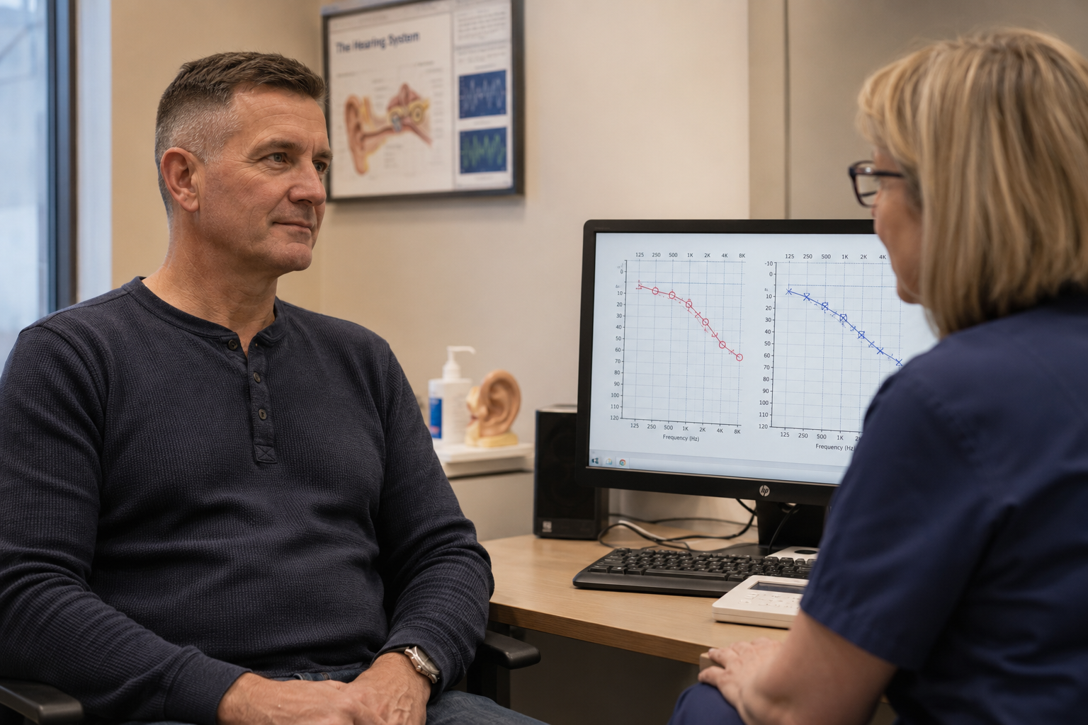 Army veteran receiving a hearing assessment after years of service noise exposure in Scotland