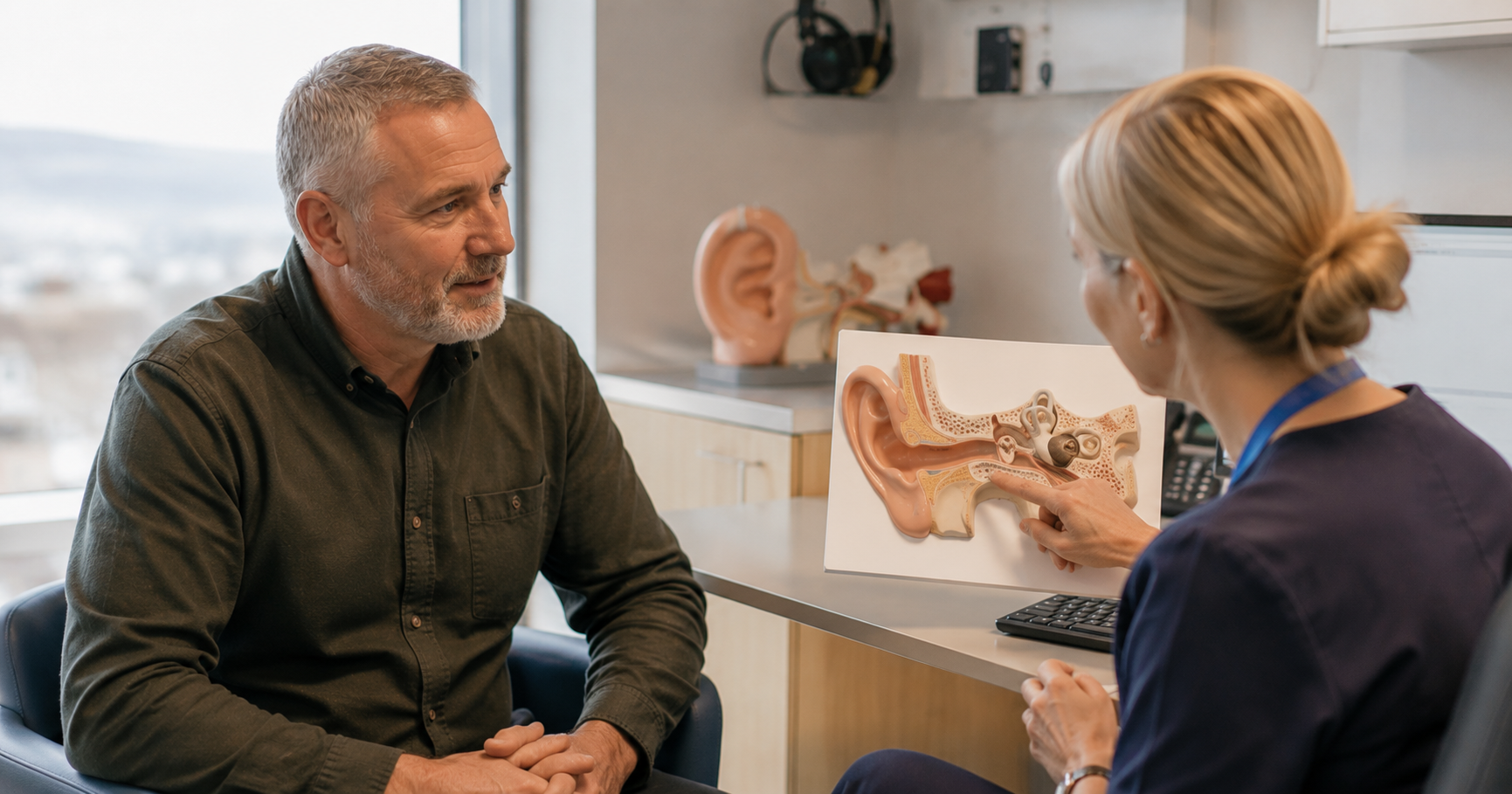 Army veteran discussing persistent tinnitus symptoms during a hearing consultation in Scotland