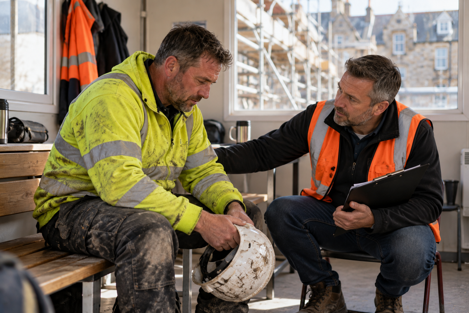 Construction worker in hi-vis sitting with his hard hat while a site supervisor with a clipboard talks with him, scaffolding outside the window
