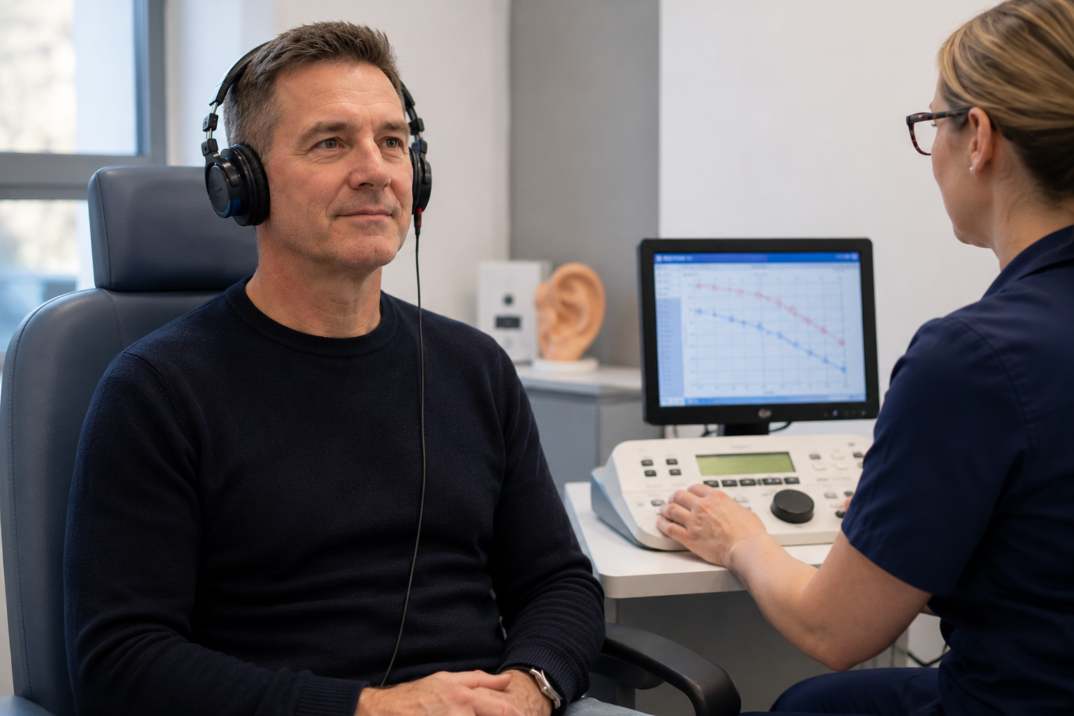 Retired firefighter receiving a hearing assessment after years of occupational noise exposure in Scotland