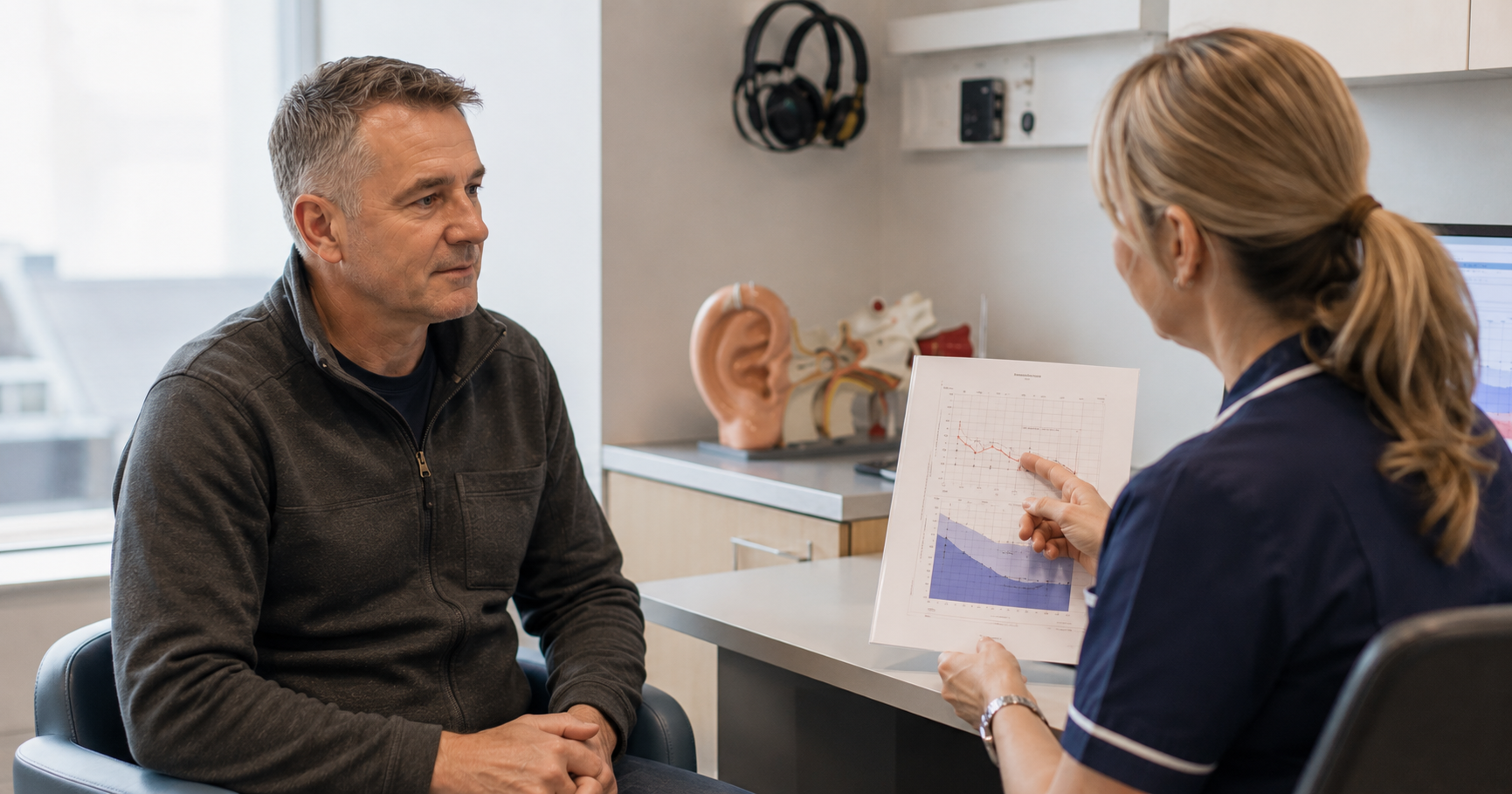 Retired firefighter discussing persistent tinnitus symptoms during a hearing consultation in Scotland