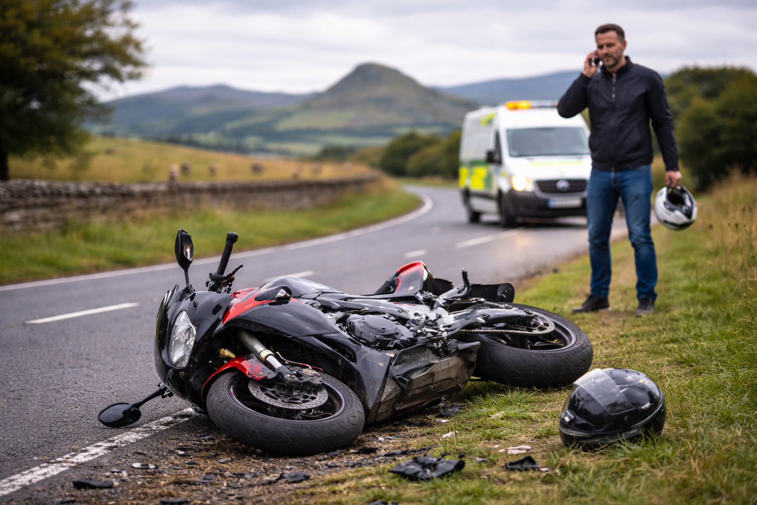 Motorbike accident scene requiring compensation claim in Scotland