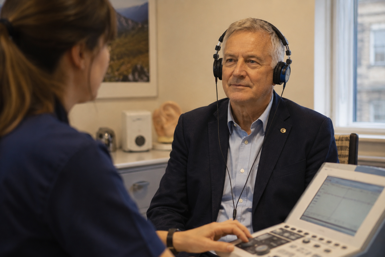 Retired police officer receiving a hearing assessment after years of occupational noise exposure in Scotland