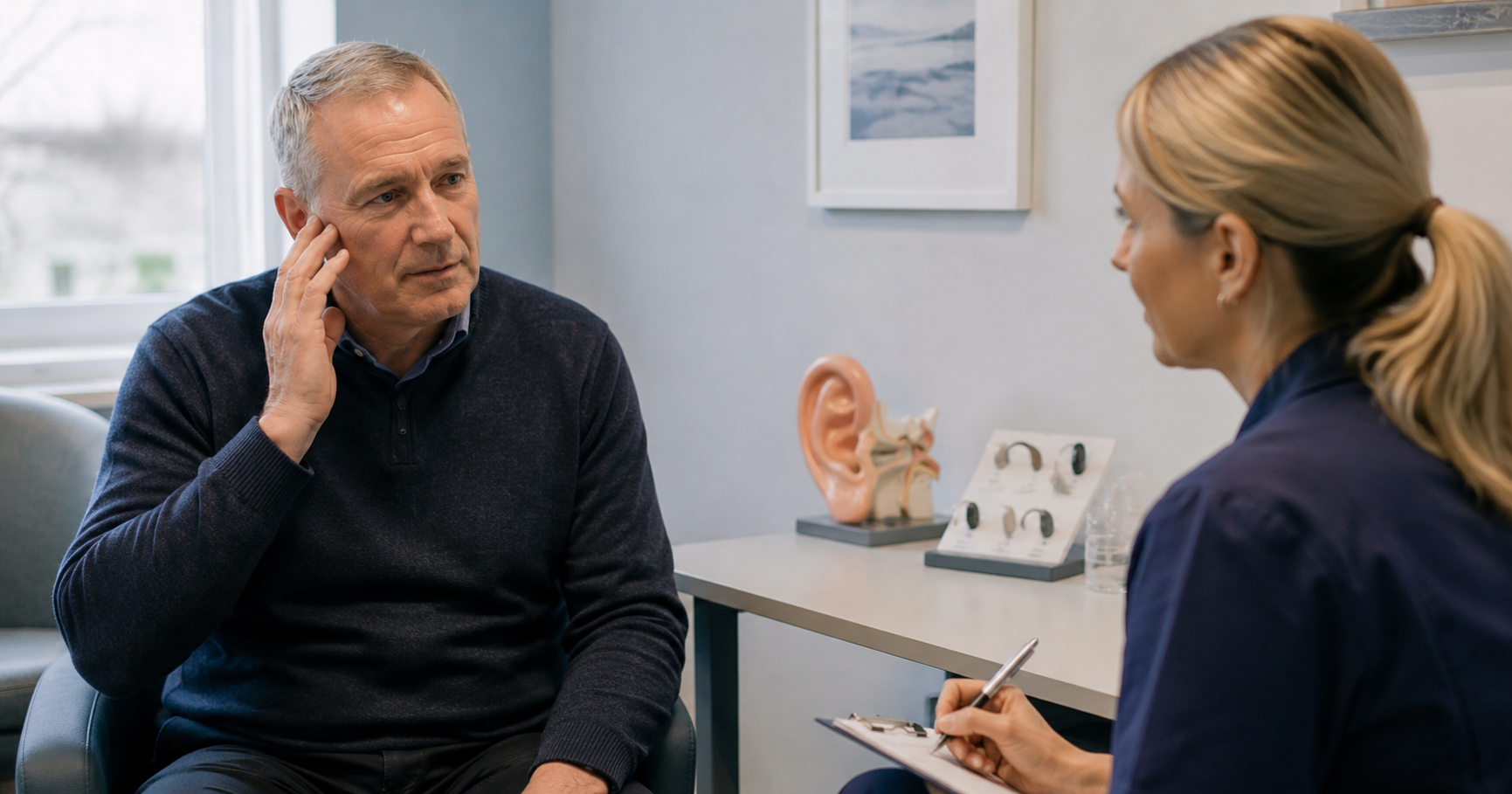 Retired police officer discussing persistent tinnitus symptoms during a hearing consultation in Scotland