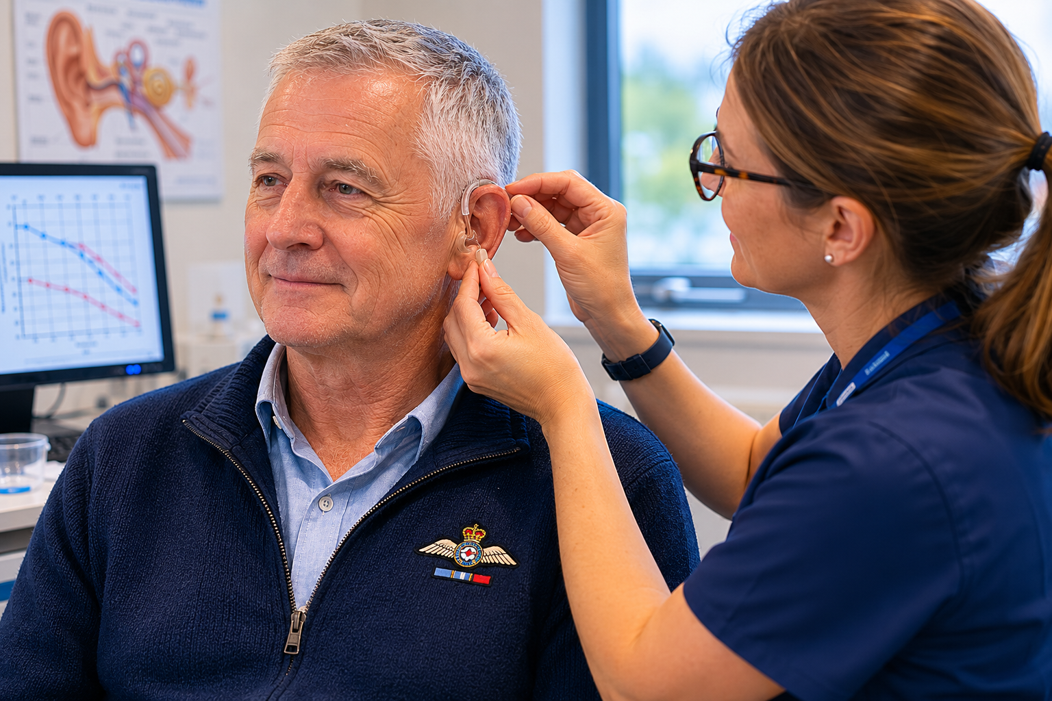 RAF veteran receiving a hearing assessment after years of flight line noise exposure in Scotland