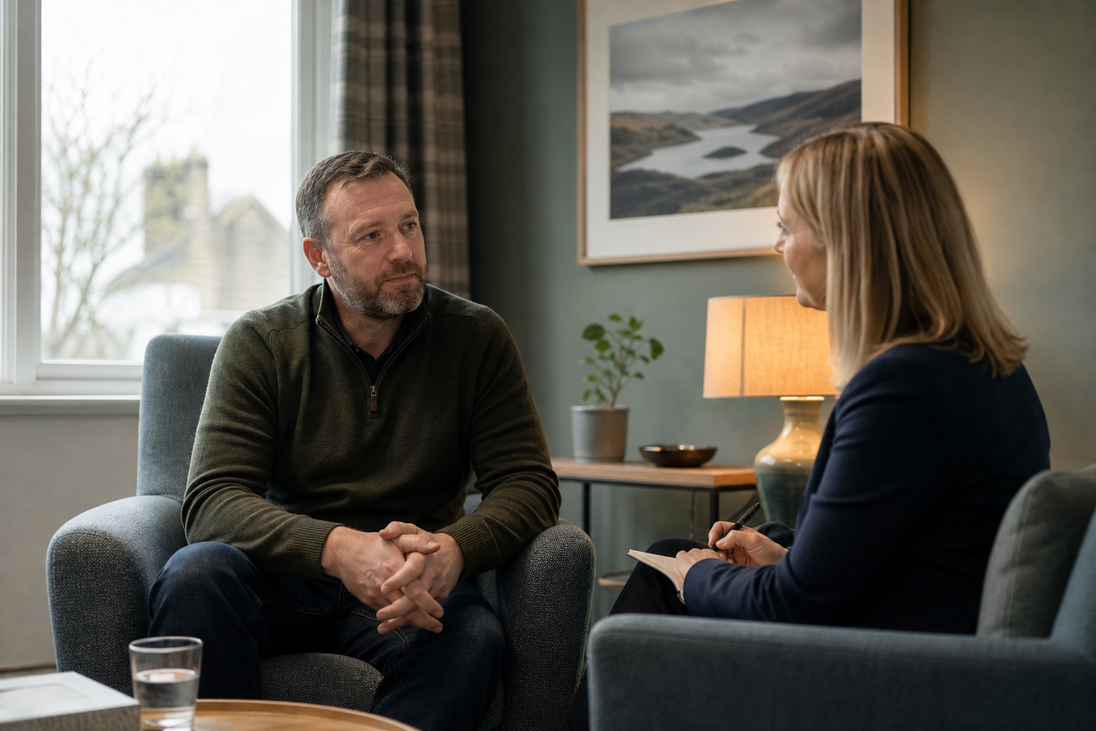 RAF veteran receiving support during a calm consultation about post-traumatic stress in Scotland