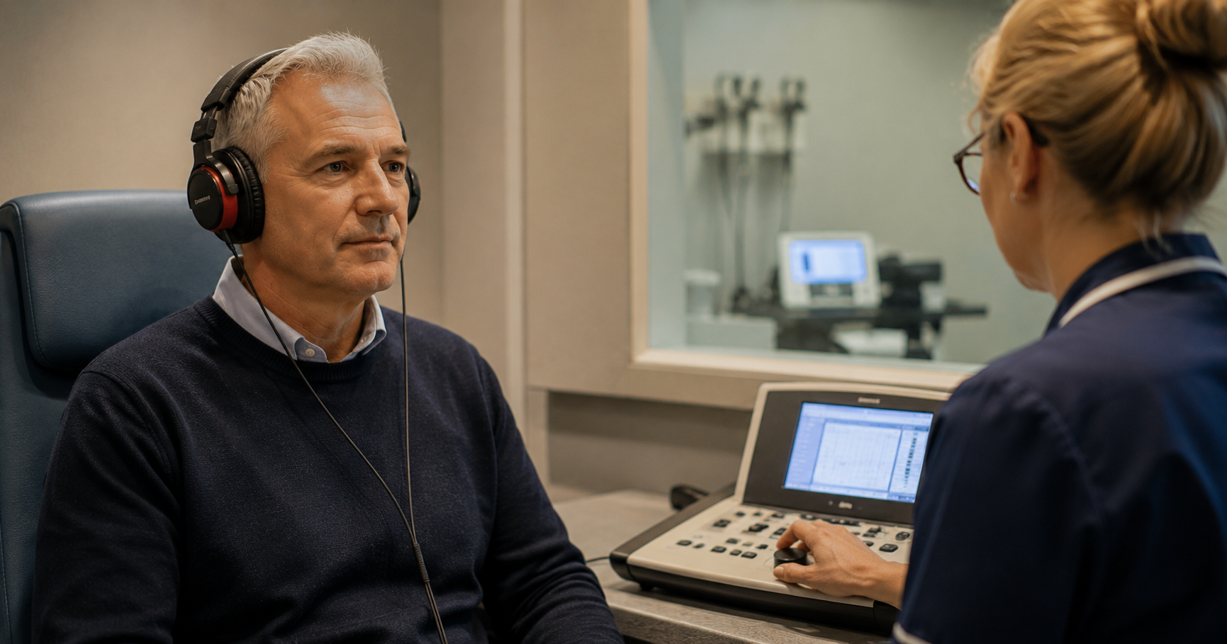 RAF veteran discussing persistent tinnitus symptoms during a hearing consultation in Scotland