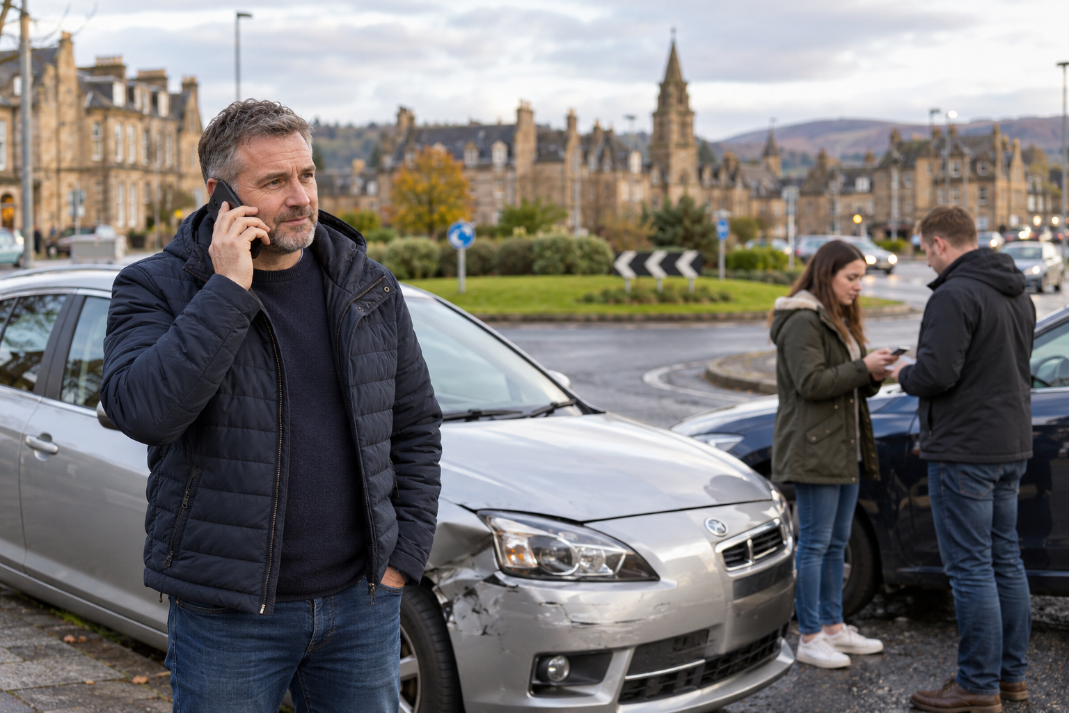 Driver on the phone beside his car after a minor collision at a Scottish roundabout, with two people exchanging details behind