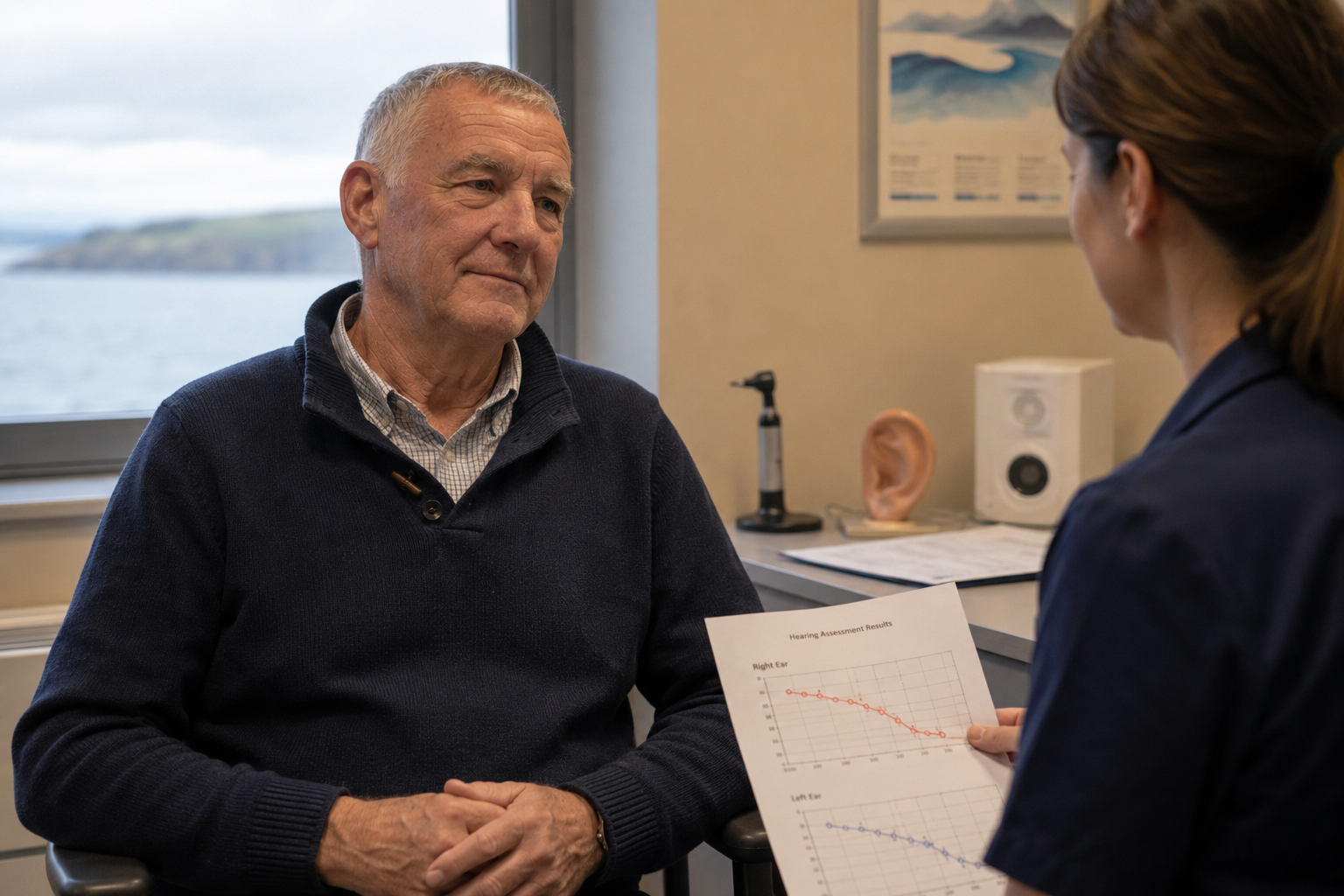 Royal Navy veteran receiving a hearing assessment after years of service noise exposure in Scotland