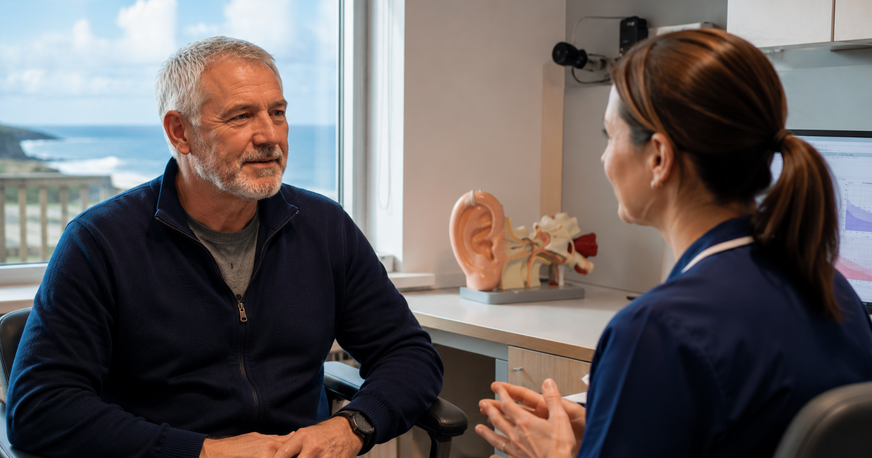 Royal Navy veteran discussing persistent tinnitus symptoms during a hearing consultation in Scotland