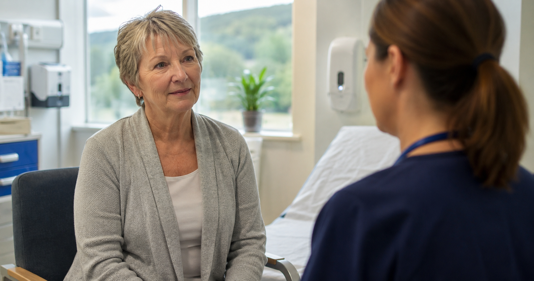Woman receiving support during a hospital consultation in Scotland after a cancer diagnosis linked to talcum powder use