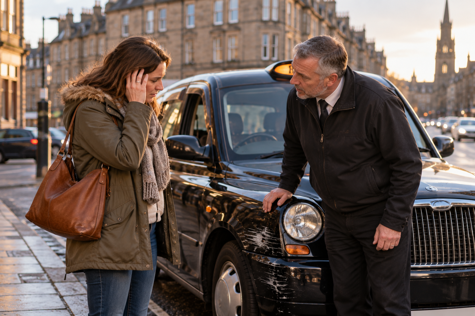 Passenger on a Scottish city street speaking with a taxi driver beside a black cab after a minor collision