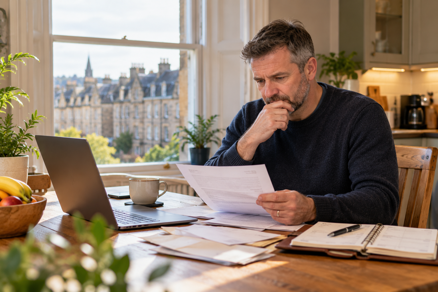 Man at a kitchen table in a Scottish flat reviewing letters and a planner beside a laptop