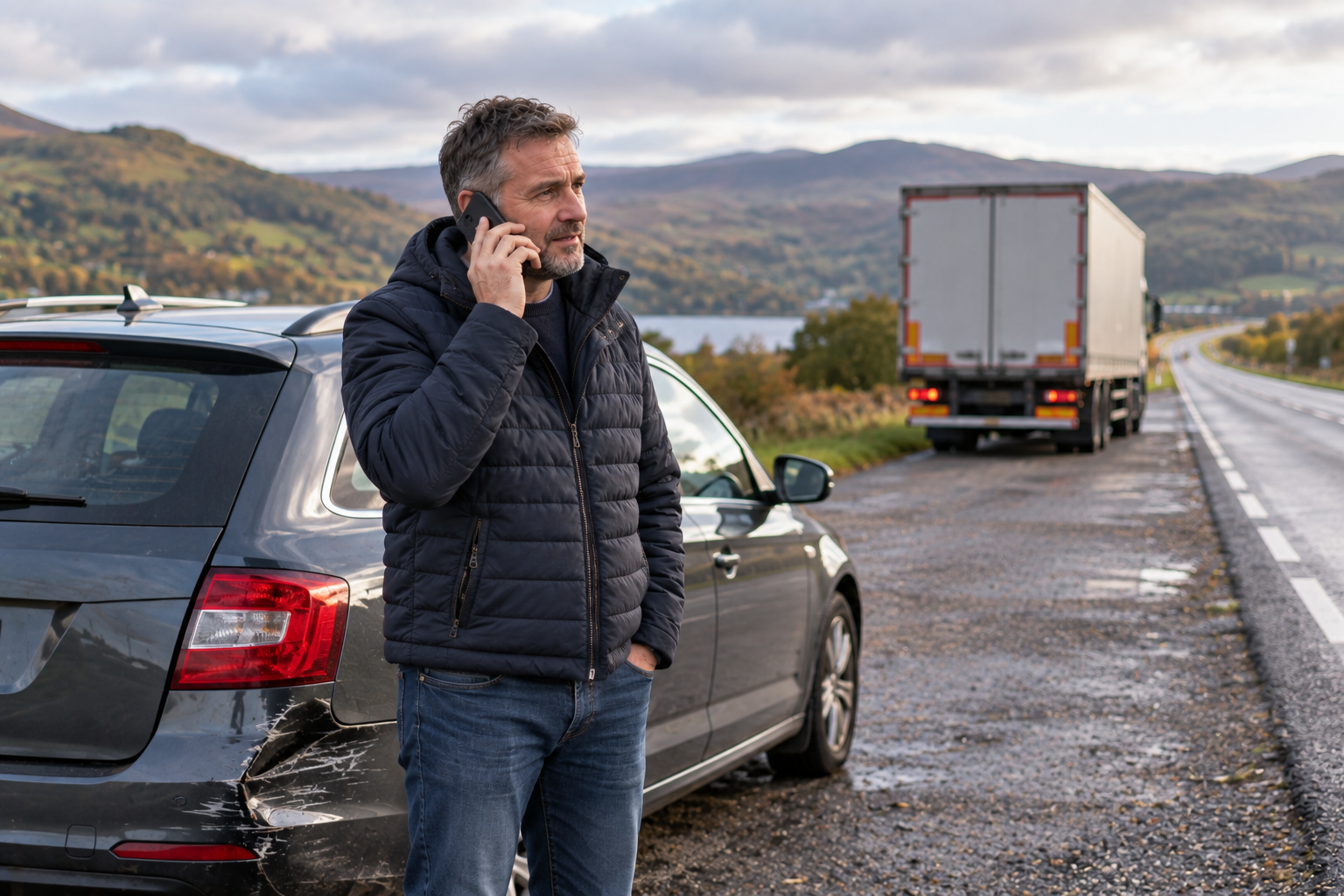 Driver on the phone in a lay-by on a Scottish A-road beside his car, with a parked lorry further along