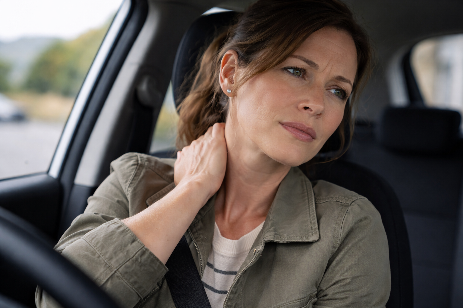 Woman experiencing whiplash neck pain after car accident