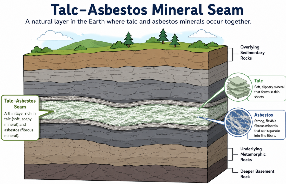 Diagram of a talc-asbestos mineral seam showing a natural layer in the earth where talc and asbestos occur together between rock layers