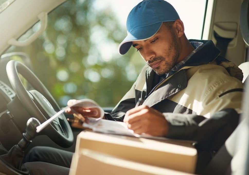 delivery driver at the wheel of his van with boxes